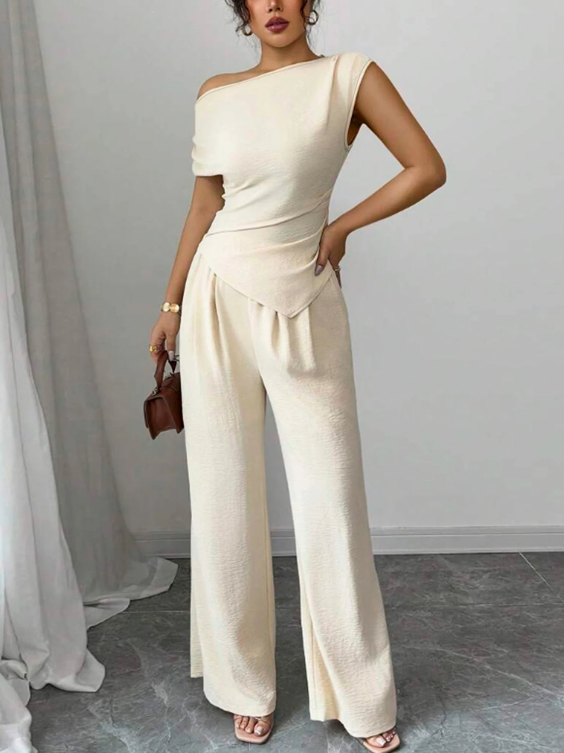Asymmetric Top And Wide Leg Pants 2-Piece Set