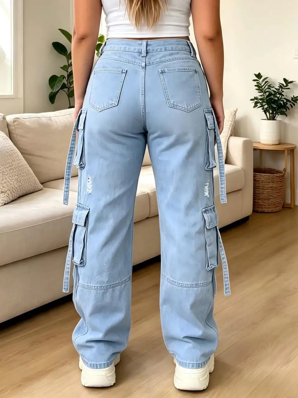 Multi-Pocket Strap Cargo Denim Pants