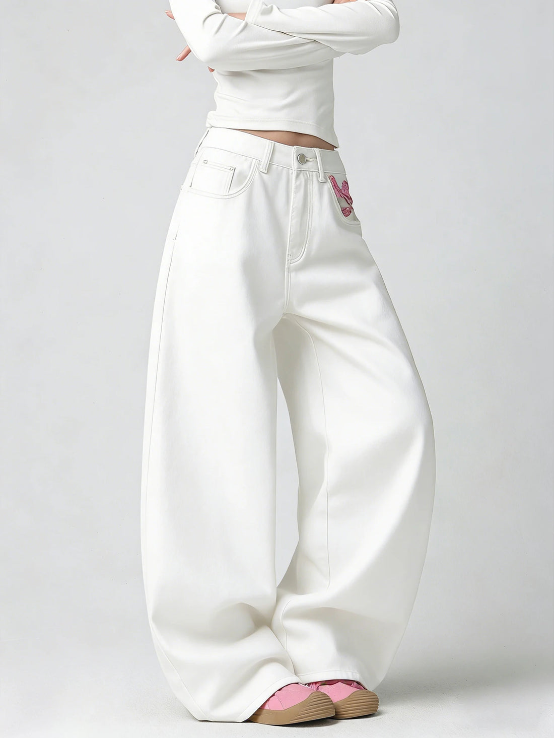 Embroidered High-Waist Loose Wide-Leg Jeans Pants