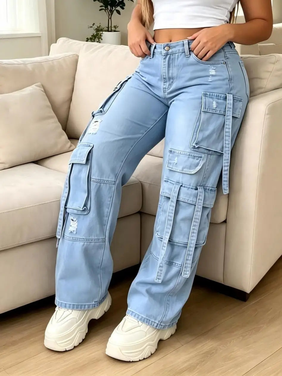 Multi-Pocket Strap Cargo Denim Pants