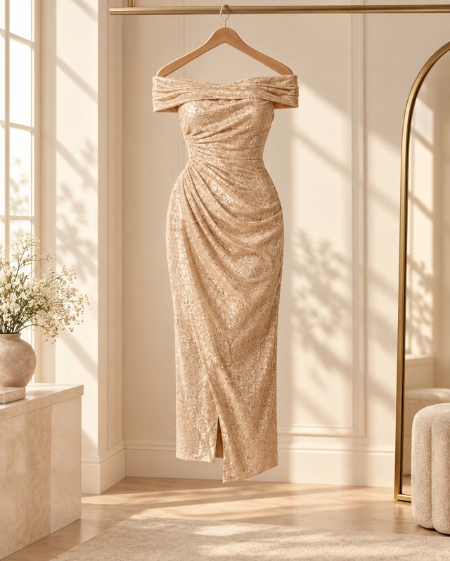 The dress hanging in a sunlit room