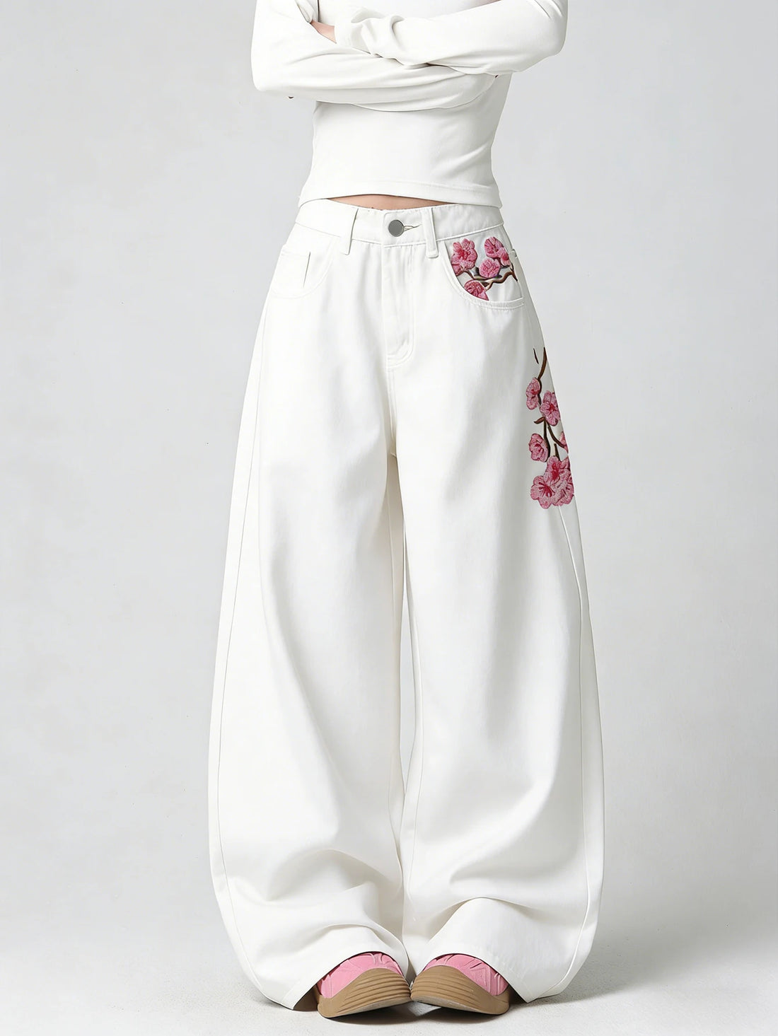 Embroidered High-Waist Loose Wide-Leg Jeans Pants