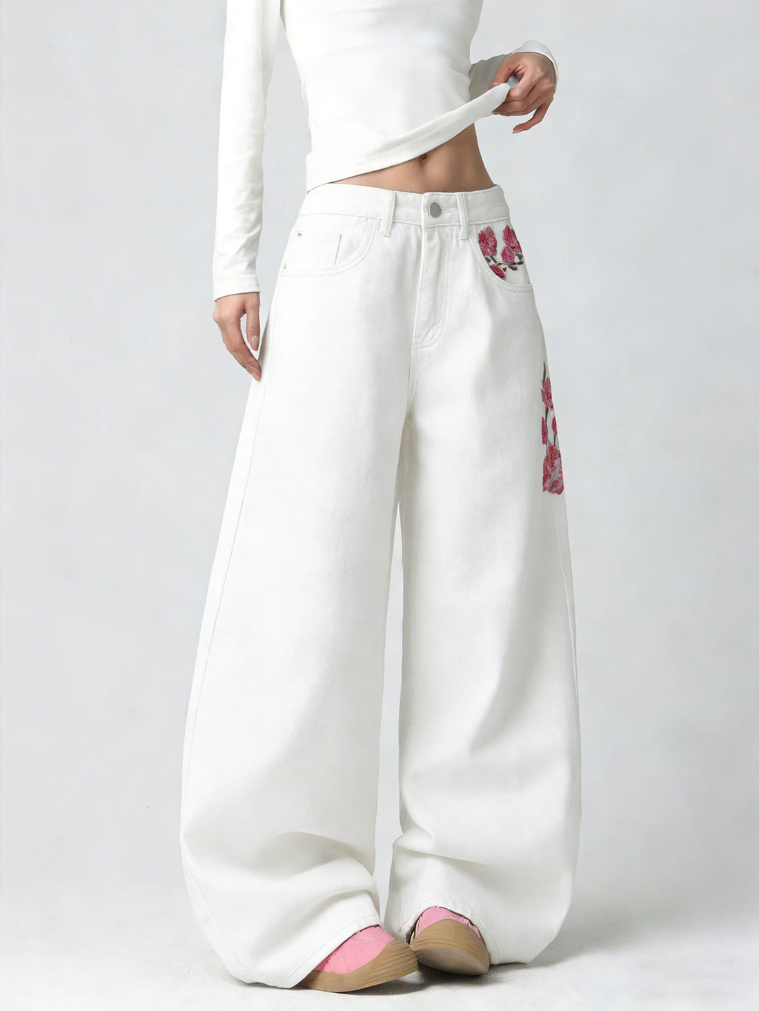 Embroidered High-Waist Loose Wide-Leg Jeans Pants