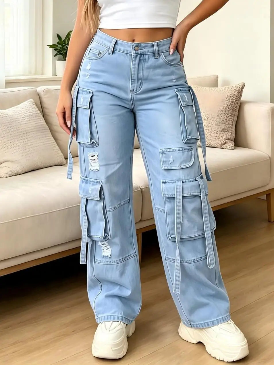 Multi-Pocket Strap Cargo Denim Pants