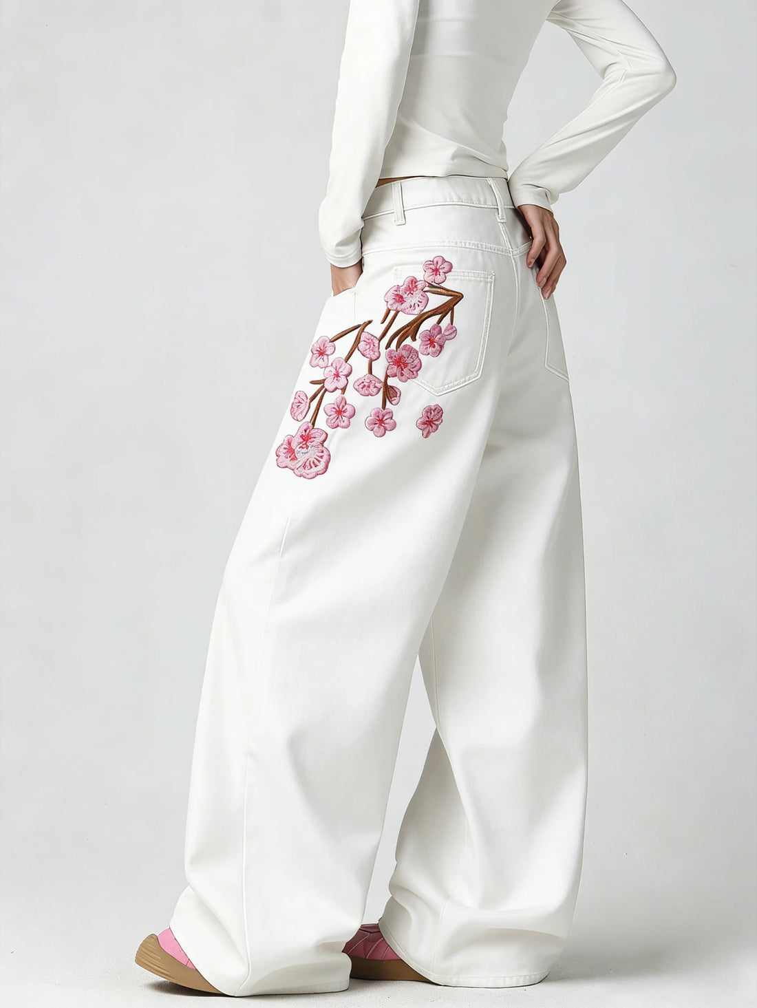 Embroidered High-Waist Loose Wide-Leg Jeans Pants