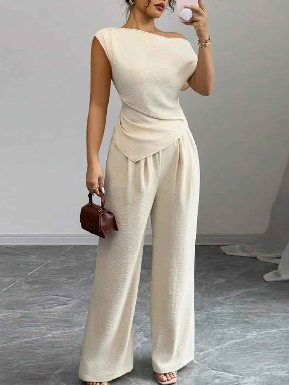 Asymmetric Top And Wide Leg Pants 2-Piece Set
