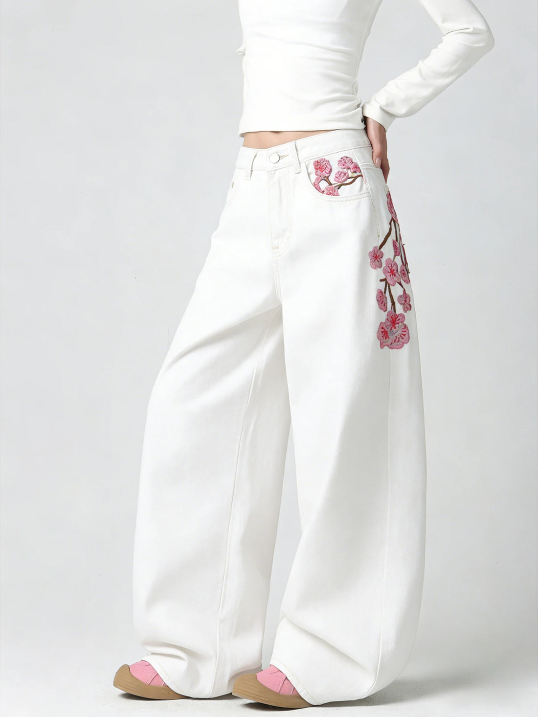 Embroidered High-Waist Loose Wide-Leg Jeans Pants