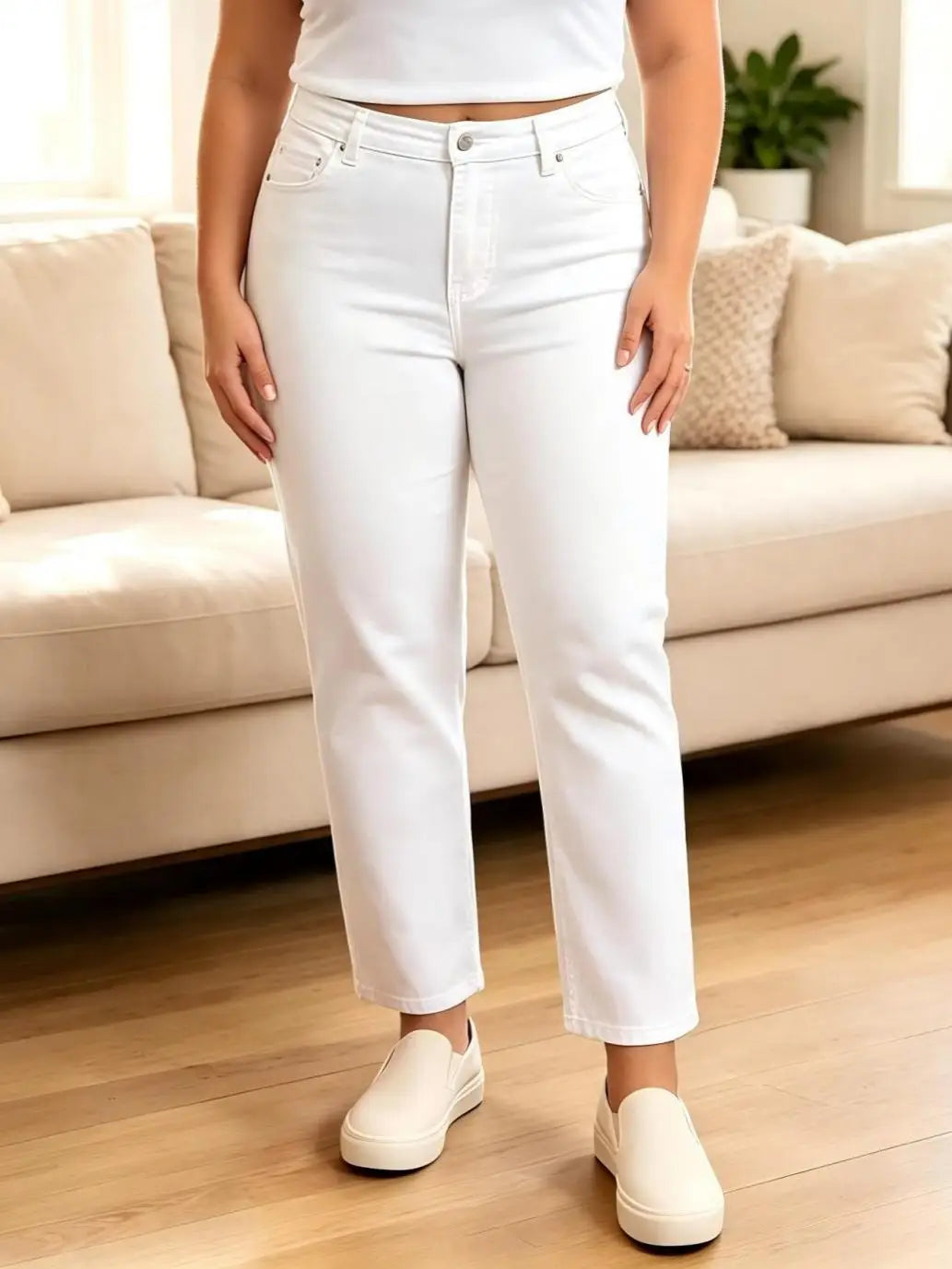 Mid-High Waist Straight Cropped Denim Pants