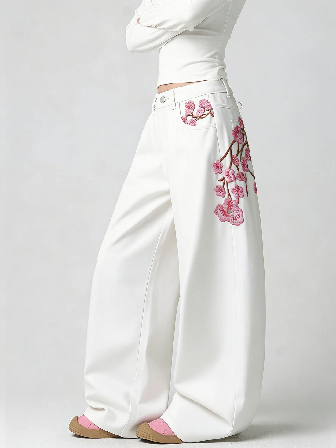 Embroidered High-Waist Loose Wide-Leg Jeans Pants