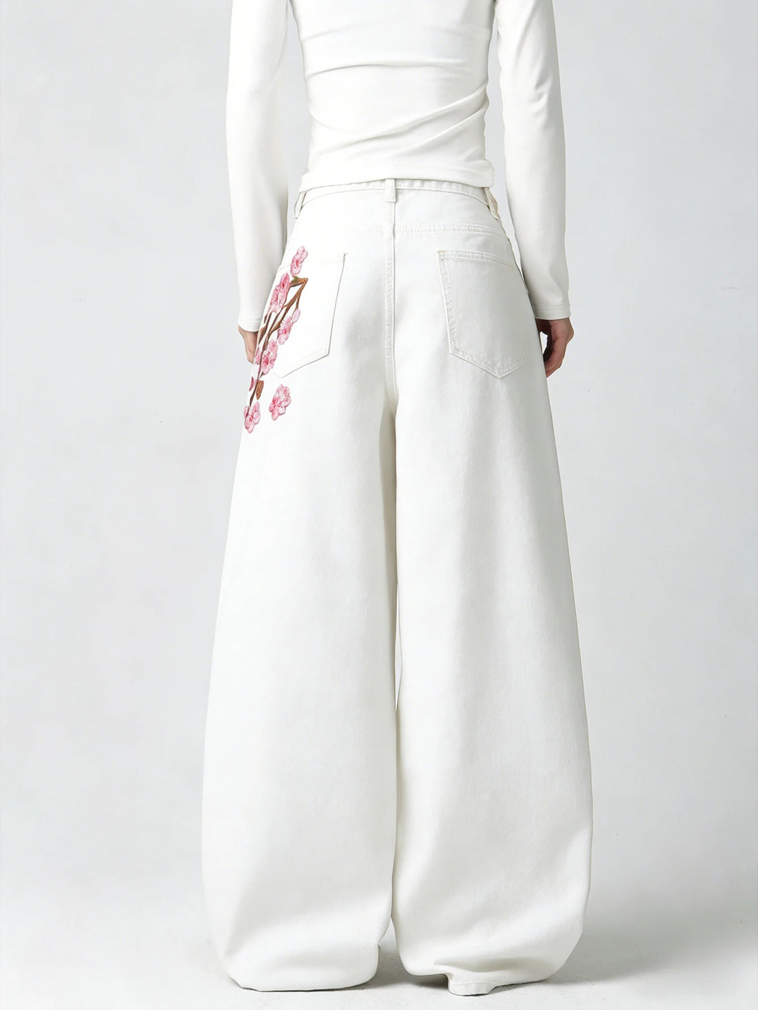 Embroidered High-Waist Loose Wide-Leg Jeans Pants