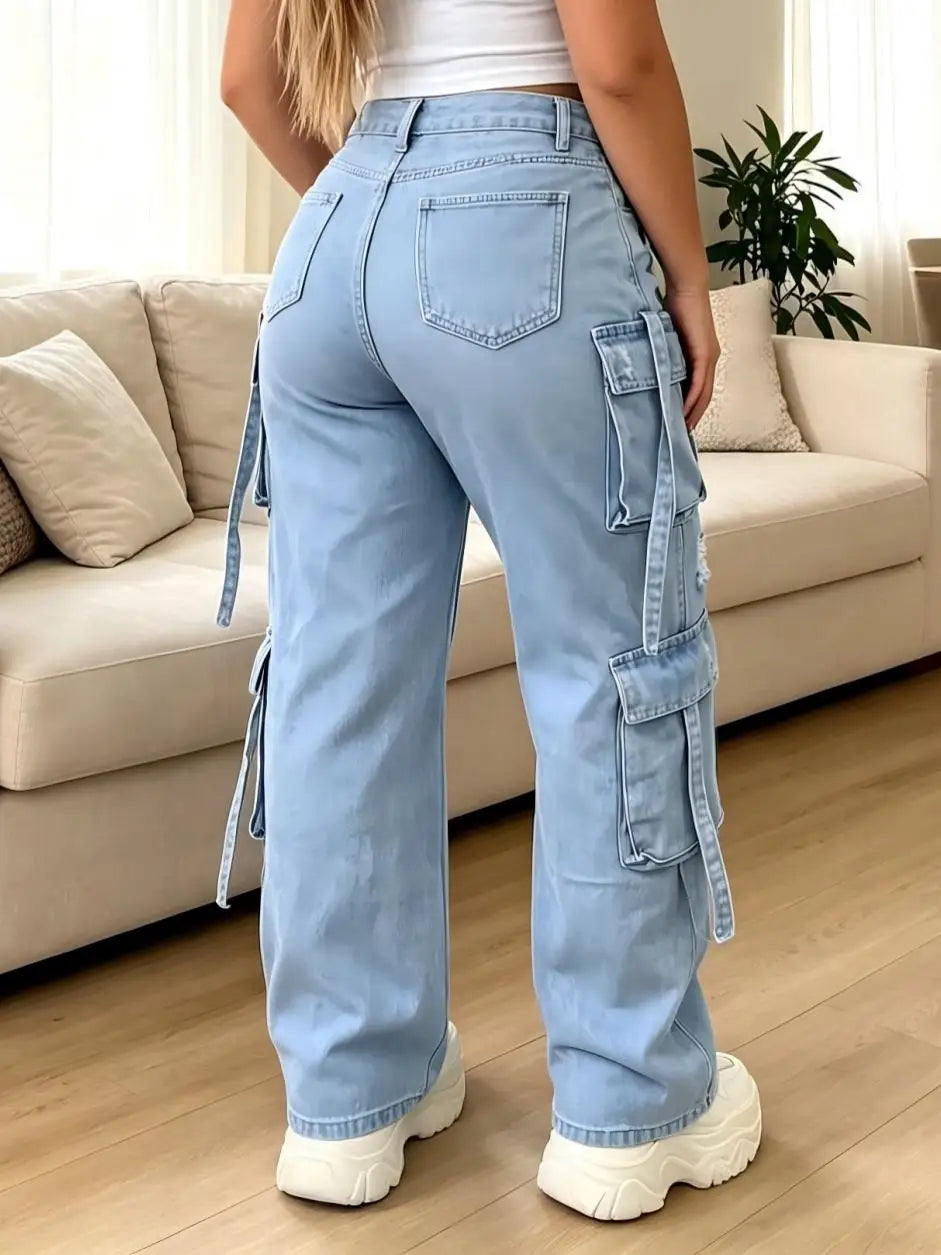 Multi-Pocket Strap Cargo Denim Pants