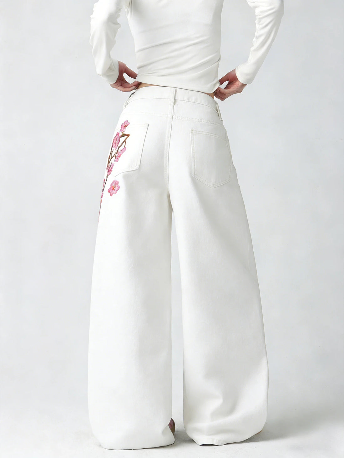 Embroidered High-Waist Loose Wide-Leg Jeans Pants