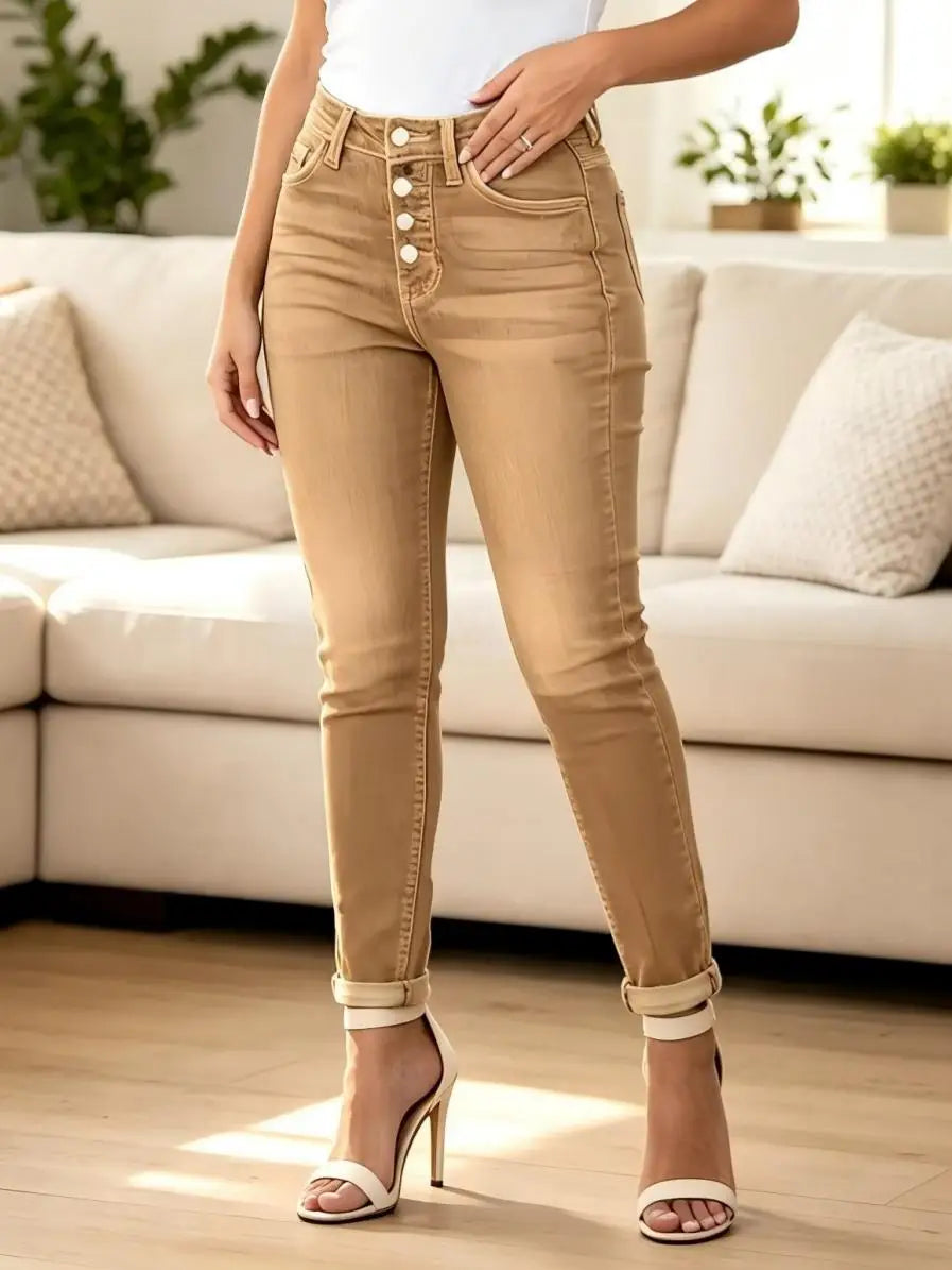 High‑Waist Button‑Front Denim Pants