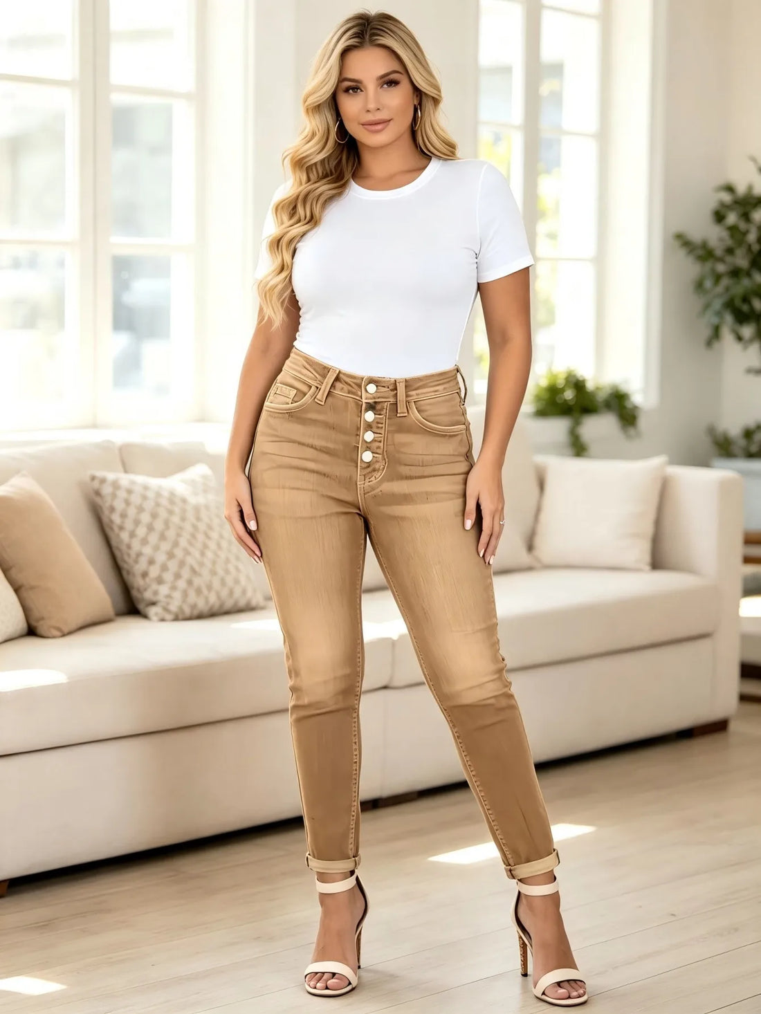 High‑Waist Button‑Front Denim Pants