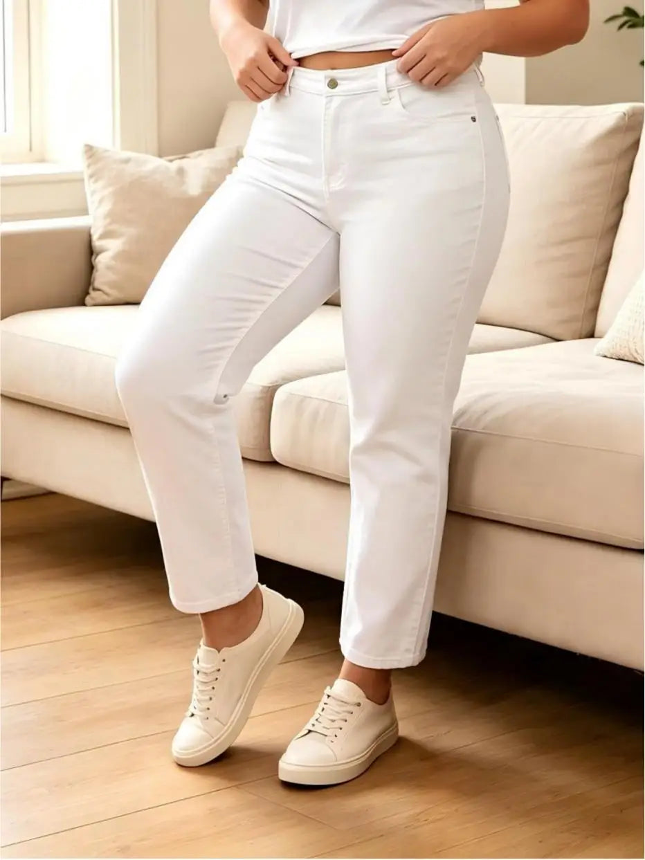 Mid-High Waist Straight Cropped Denim Pants