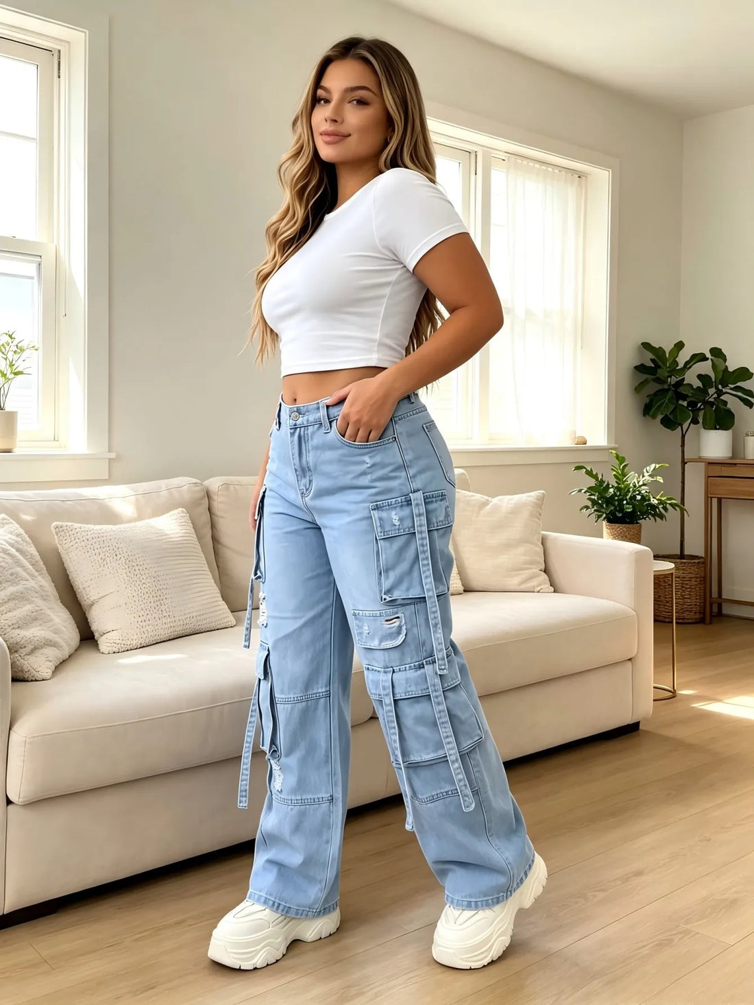Multi-Pocket Strap Cargo Denim Pants